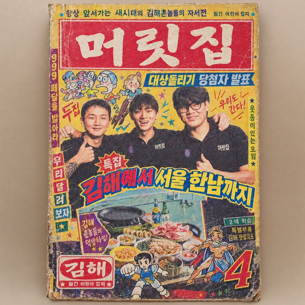 머릿집 매거진 표지. 월간 어린이 잡지 패러디, 특집 김해에서 서울 한남까지
